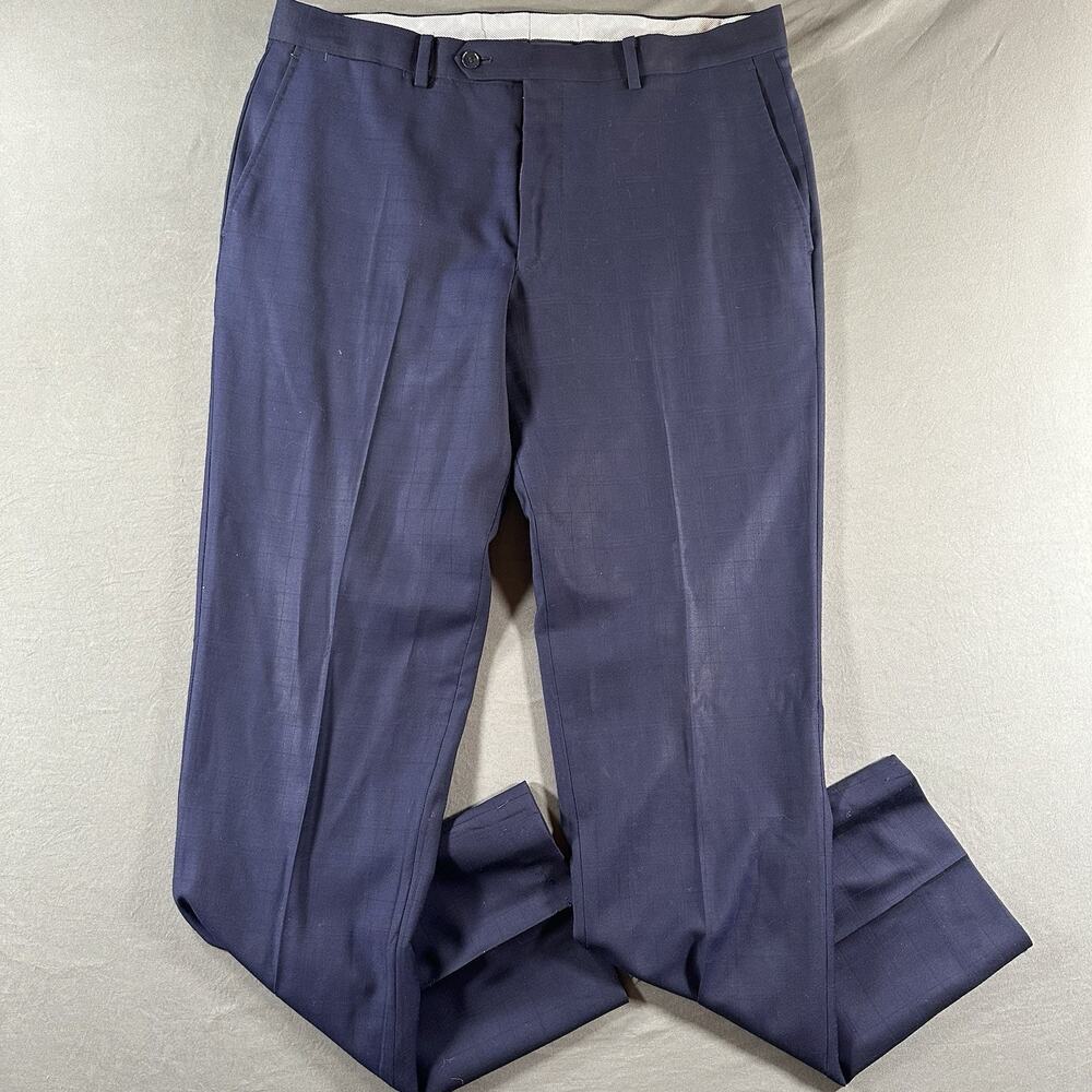 Enzo Tovare Blue Wool Check Dress Pants Regular Fit Mid Rise Straight 34